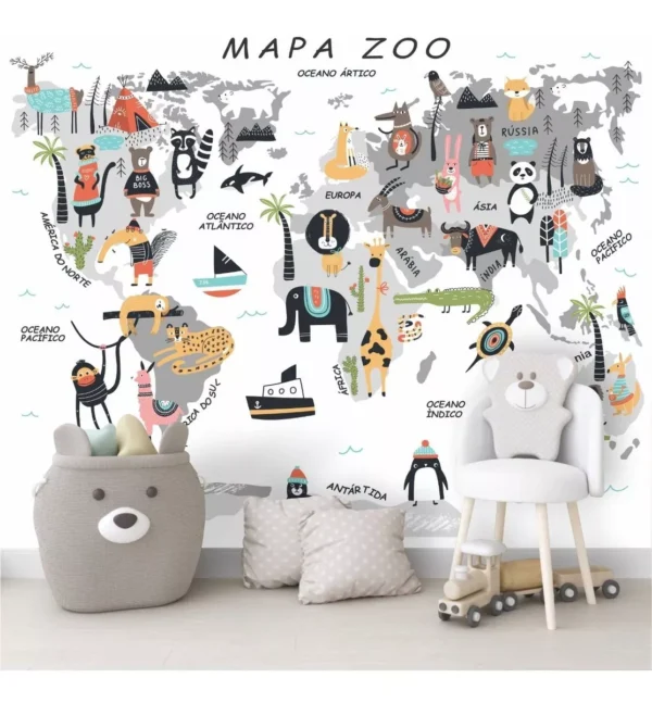 Papel De Parede Mapa Mundi Zoo Safari Infantil Painel G1174