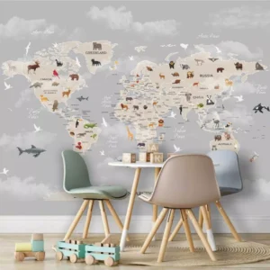 Papel De Parede Mapa Mundi Zoo Safari Infantil Painel G1177