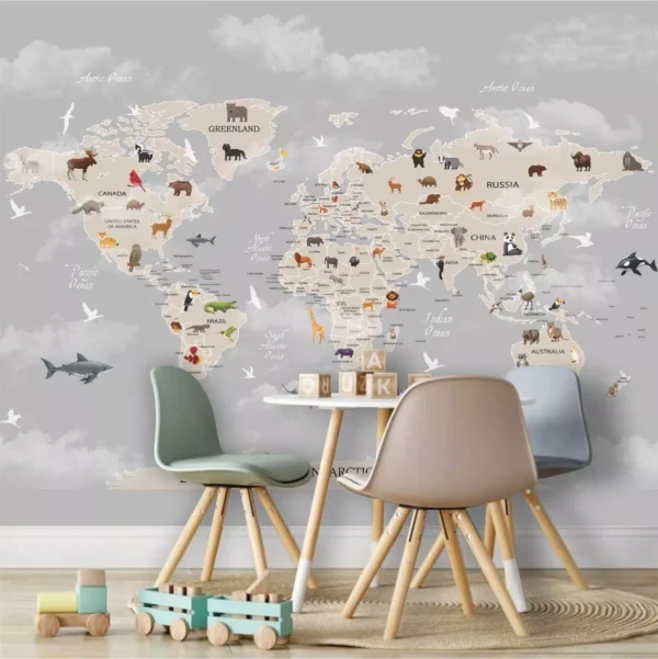 Papel De Parede Mapa Mundi Zoo Safari Infantil Painel G1177