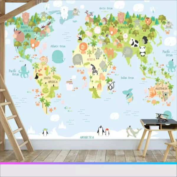 Papel De Parede Mapa Mundo Zoo Safari -1m - P39