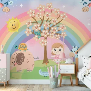 Papel De Parede Menina Arco-íris Floral Safari Bebê M² Pp577