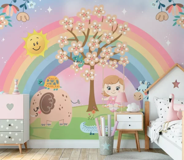 Papel De Parede Menina Arco-íris Floral Safari Bebê M² Pp577