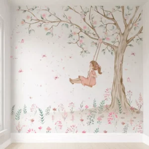 Papel De Parede Menina Balanço Com Flor Infantil Pp517 6m²