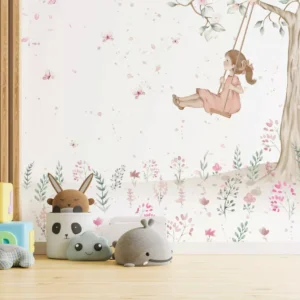 Papel De Parede Menina Balanço Com Flor Infantil Vr517 12m²