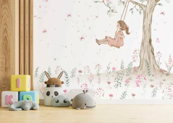 Papel De Parede Menina Balanço Com Flor Infantil Vr517 12m²