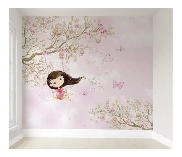 Papel De Parede Menina Balanço Floral Auto Colante Vr76 10m²