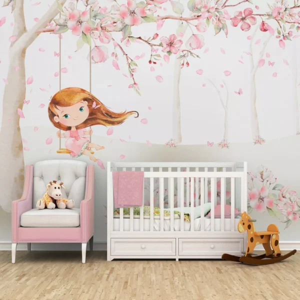 Papel De Parede Menina Balanço Floral Autocolante Pp411 M²