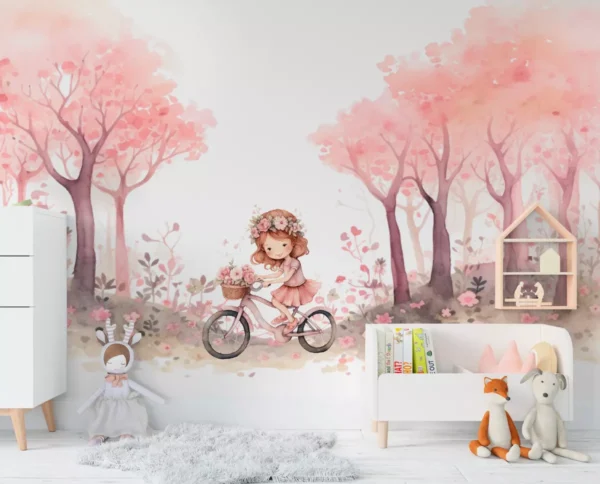 Papel De Parede Menina Bicicleta Floresta Infantil 3m² Vr625