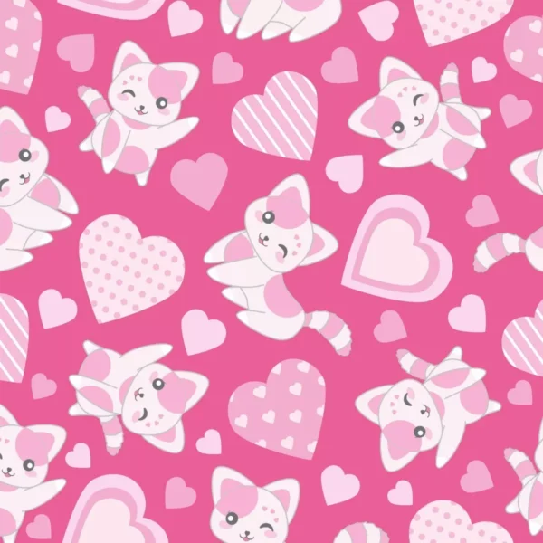 Papel De Parede Menina Corações Gatinha Fundo Pink Adesivo