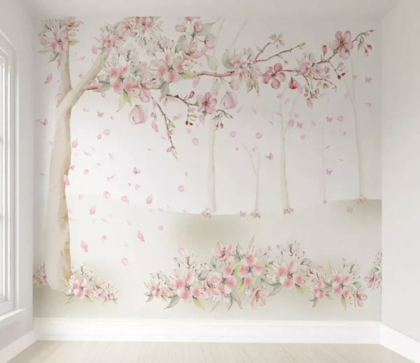 Papel De Parede Menina Floral Árvore Rosa Flores M² Pp423