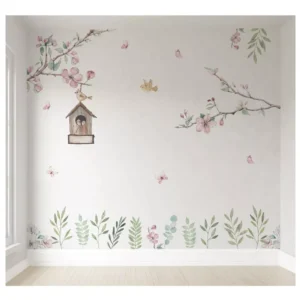 Papel De Parede Menina Floral Com Galhos Casinha Pp482 13m²