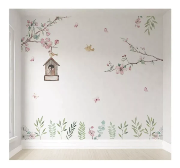 Papel De Parede Menina Floral Com Galhos Casinha Pp482 13m²