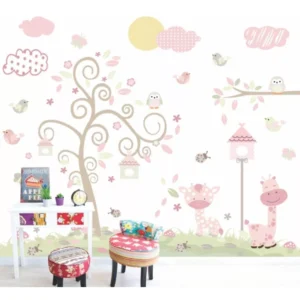 Papel De Parede Menina Infantil Nuvens Arvore Animais Gg614