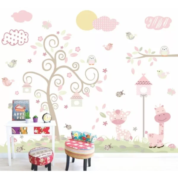 Papel De Parede Menina Infantil Nuvens Arvore Animais Gg614