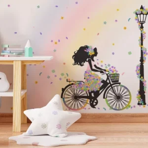 Papel De Parede Menina Na Bicicleta Floral Bebê 10m² Vr589