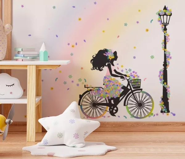 Papel De Parede Menina Na Bicicleta Floral Bebê 10m² Vr589