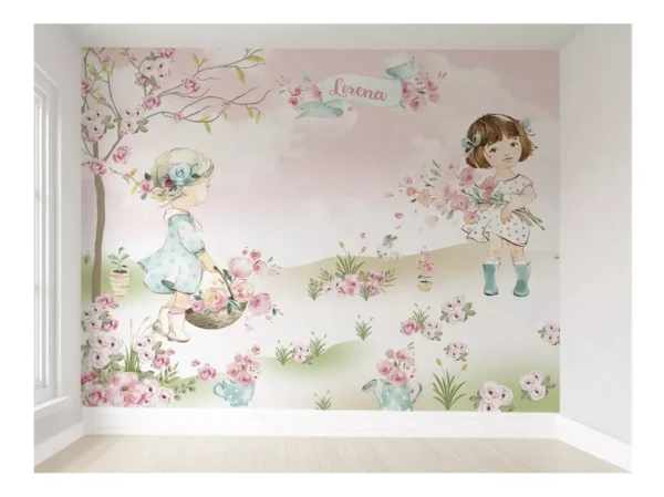 Papel De Parede Menina No Balanço Floral Feminino M² Pp33