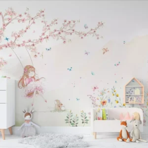 Papel De Parede Menina No Balanço Rosa Árvore Infantil 12m²