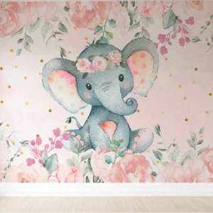 Papel De Parede Menina Safari Elefante Rosa Floral Pp449 M²