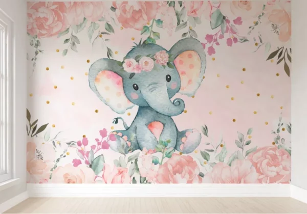 Papel De Parede Menina Safari Elefante Rosa Floral Pp449 M²