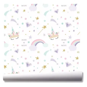 Papel De Parede Menina Unicórnio Arco Íris Kit 03 Rolos A68