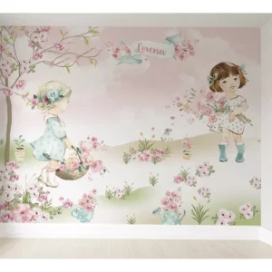 Papel De Parede Meninas Camponesas Infantil Pp337 M²