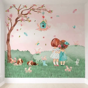 Papel De Parede Meninas Jardim Borboletas Infantil Pp518 M²