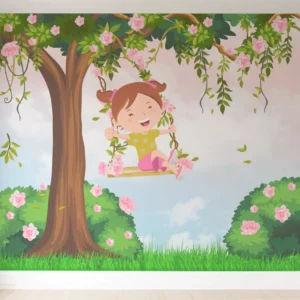 Papel De Parede Menininha No Balanço Árvore Flor Bebê Pp602