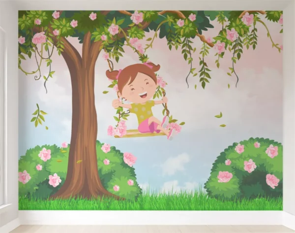 Papel De Parede Menininha No Balanço Árvore Flor Bebê Pp602