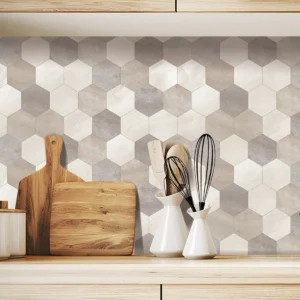 Papel De Parede Mosaico Hexagonal Cinza Cimento Rolo 3m