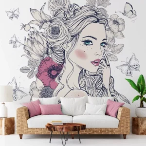 Papel De Parede Mulher Floral Salão Sala Decoração Pp314 1m²