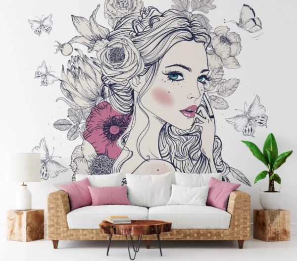 Papel De Parede Mulher Floral Salão Sala Decoração Pp314 1m²