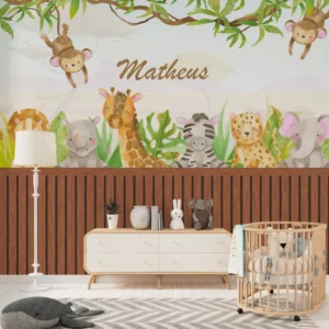 Papel De Parede Mural Infantil Safari Com Nome Personalizado