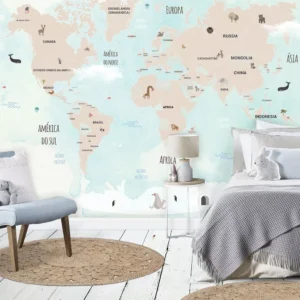 Papel De Parede Mural Mapa Mundi Infantil 1,74x3,00m