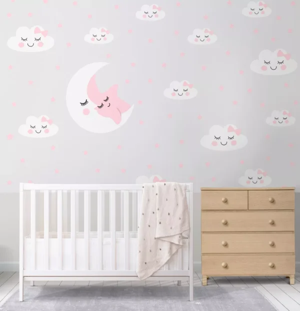 Papel De Parede Nuvem Estrelas Rosa Menina Infantil Pp101 M²