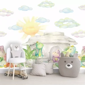 Papel De Parede Nuvem Sol Dinossauro Infantil Painel G1006