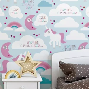 Papel De Parede Nuvem Unicornio Arco Iris Adesivo Rolo 10 M