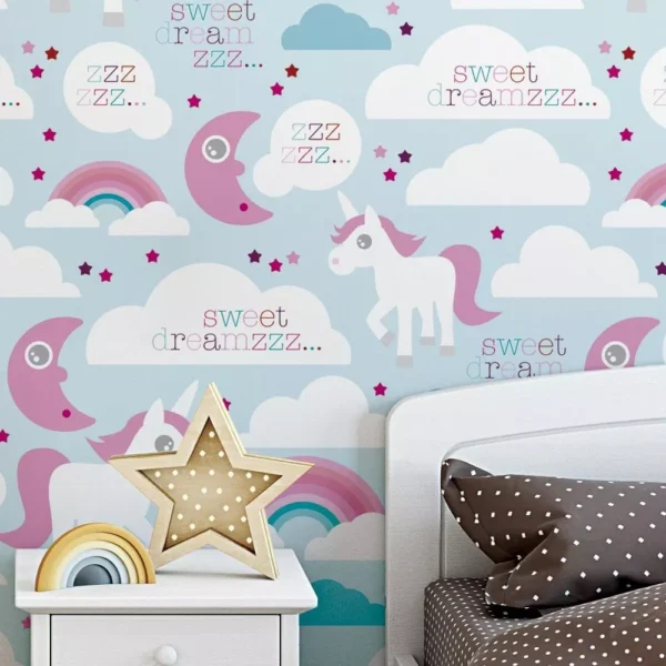 Papel De Parede Nuvem Unicornio Arco Iris Adesivo Rolo 10 M