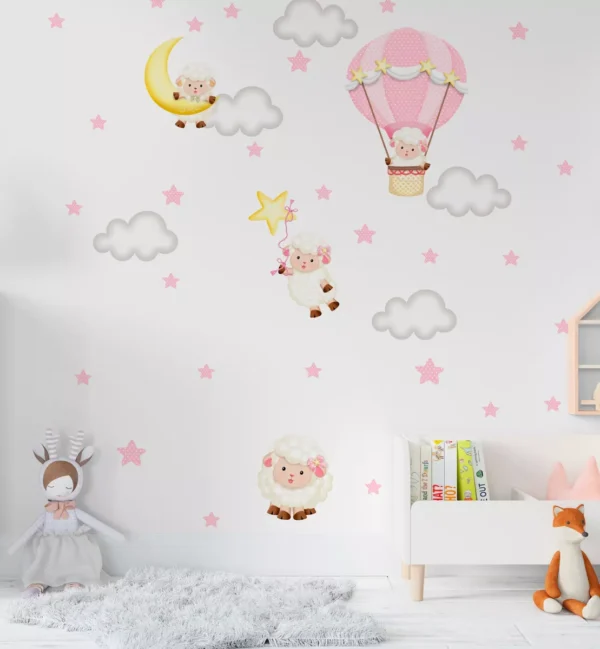 Papel De Parede Ovelhas Balão Estrelas Quarto Infantil Pp581