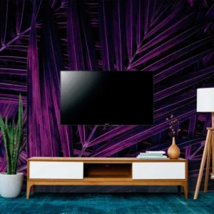 Papel De Parede Painel 3d Folhas Palmerias Roxo Escuro 3,5m