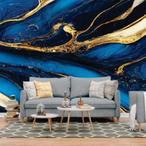 Papel De Parede Painel 3d Mármore Azul Com Dourado 4m