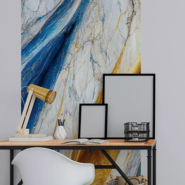 Papel De Parede Painel 3d Mármore Branco Azul Dourado 1m