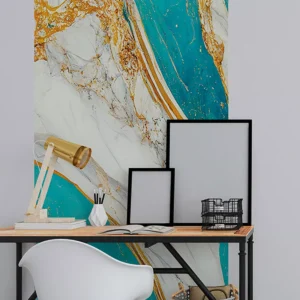 Papel De Parede Painel 3d Mármore Branco Azul E Amarelo 1m