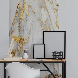 Papel De Parede Painel 3d Mármore Branco Com Ouro 1m