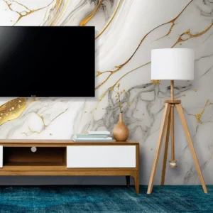 Papel De Parede Painel 3d Mármore Branco Fio Dourado 3,5m