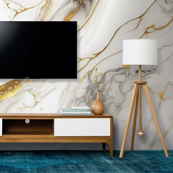 Papel De Parede Painel 3d Mármore Branco Fio Dourado 3,5m