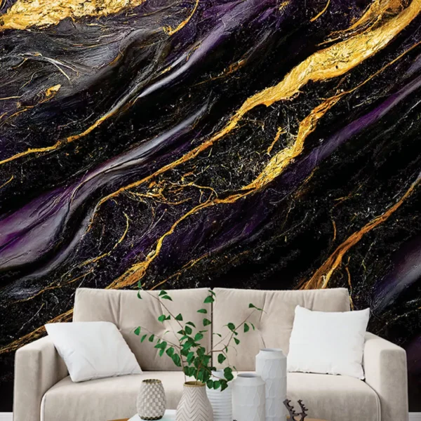 Papel De Parede Painel 3d Mármore Dourado Preto Roxo 3m