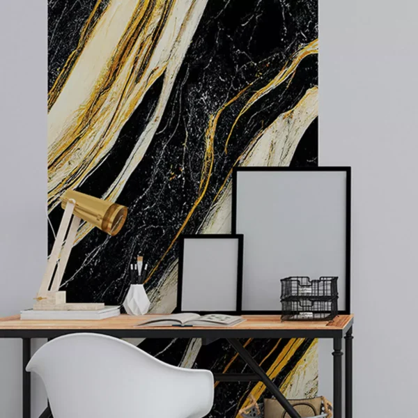 Papel De Parede Painel 3d Mármore Preto Branco Dourado 1m