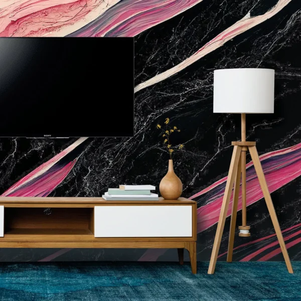 Papel De Parede Painel 3d Mármore Preto Branco Rosa 3,5m