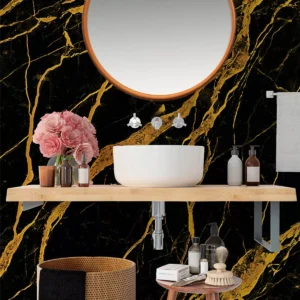 Papel De Parede Painel 3d Mármore Preto Com Dourado 1,5m